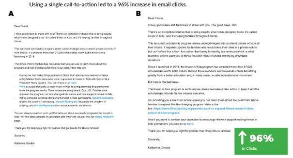 use case single CTA dans email - benchmark NextAfter rétention des donateurs